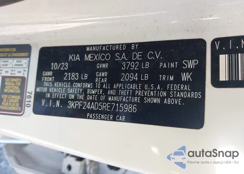 2024 Kia Forte Lxs из США, поврежденный, VIN 3KPF24AD5RE715986